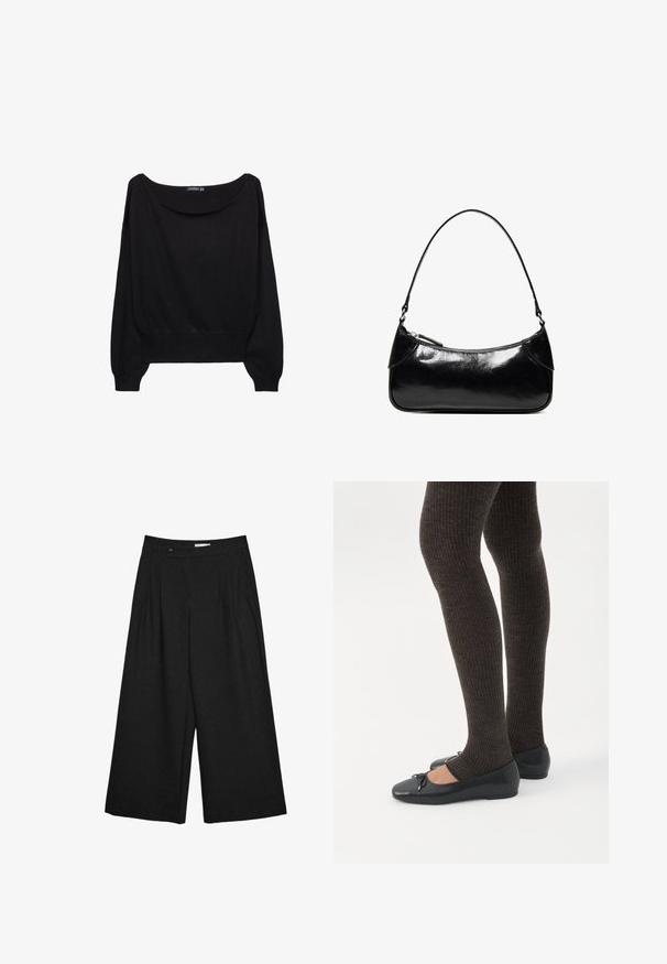 Sort strikket sweater med en bred bådudskæring, lange ærmer og en tætsiddende kant. Stoffet har en blød tekstur og en afslappet pasform.; Sorte, vidde-benet, korte bukser med frontplisseringer, bæltestropper og knaplukning i taljen.; Ben iført mørke ribbede leggings kombineret med sorte balletsko med små sløjfedetaljer på hvid baggrund.; Sort, blank skuldertaske i læder med et enkelt rum med lynlås og en tynd rem buet i en bueform.