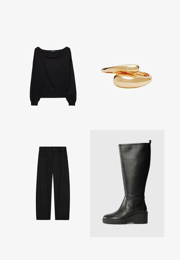 Sort strikket sweater med en bred bådudskæring, lange ærmer og en tætsiddende kant. Stoffet har en blød tekstur og en afslappet pasform.; Sorte bukser med lige ben, frontlukning med knap og lynlås, bæltestropper og forlommer, vist på en hvid baggrund.; Sorte læder knæhøje støvler med vadesål, glat tekstur, sømløs design og en lille trækflap øverst for nem påtagning.; Guldtonede ringe med glatte, afrundede former, der væver sig ind i hinanden. Højpoleret finish med en reflekterende overflade, der fremhæver et sammenhængende design.