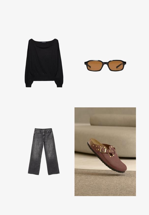 Sort strikket sweater med en bred bådudskæring, lange ærmer og en tætsiddende kant. Stoffet har en blød tekstur og en afslappet pasform.; Mørkegrå denim jeans med vid ben, front- og baglommer, knaplukning og diskrete slidte detaljer.; Brun slip-on sko med gyldne nitter og spædedetalje, polstret korksål, hvilende på beige tæppe foran en lys sofa.; Sorte rektangulære solbriller med tykke stel og brune tonede linser, vist forfra på en hvid baggrund.