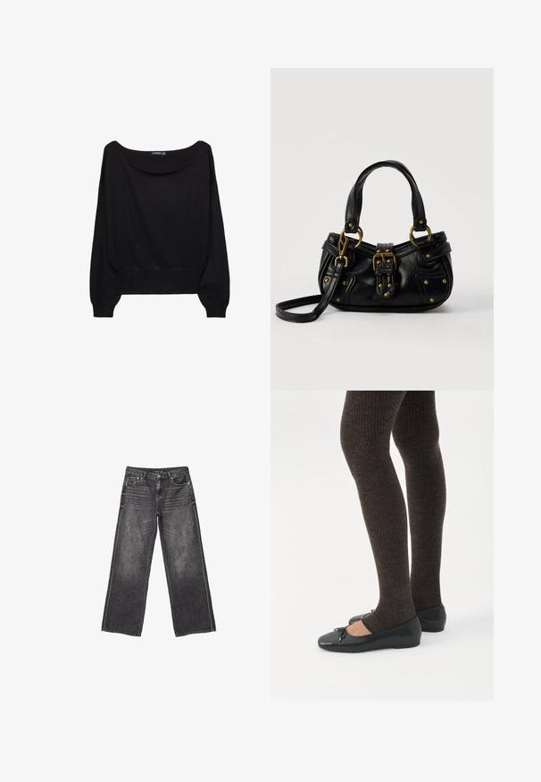 Sort strikket sweater med en bred bådudskæring, lange ærmer og en tætsiddende kant. Stoffet har en blød tekstur og en afslappet pasform.; Mørkegrå denim jeans med vid ben, front- og baglommer, knaplukning og diskrete slidte detaljer.; Ben iført mørke ribbede leggings kombineret med sorte balletsko med små sløjfedetaljer på hvid baggrund.; Sort læderhåndtaske med guldbælge og nitdetaljer, korte håndtag og en justerbar skulderrem på en ensfarvet hvid baggrund.