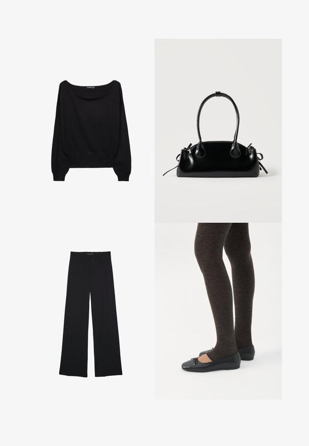 Pull en maille noir avec un large col bateau, des manches longues et un ourlet ajusté. Le tissu a une texture douce et une coupe décontractée.; Pantalon noir à jambes larges avec passants de ceinture, bouton frontal et fermeture éclair, étalé à plat sur un fond blanc.; Jambes portant des leggings côtelés foncés associés à des ballerines noires avec de petits détails en nœud sur fond blanc.; Petit sac à main noir brillant avec deux longues anses et des détails à cordon sur les côtés sur un fond clair uni.