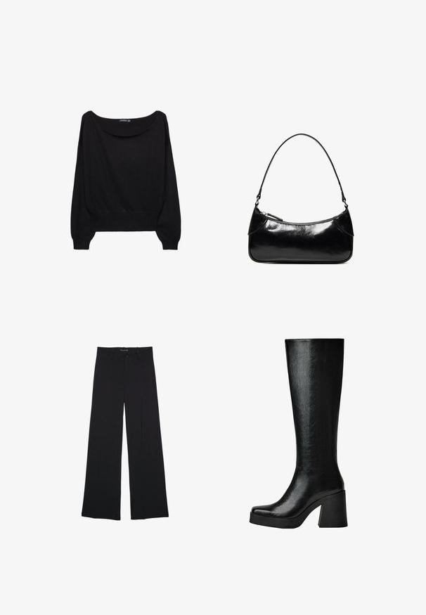 Pull en maille noir avec un large col bateau, des manches longues et un ourlet ajusté. Le tissu a une texture douce et une coupe décontractée.; Pantalon noir à jambes larges avec passants de ceinture, bouton frontal et fermeture éclair, étalé à plat sur un fond blanc.; Botte en cuir noire montant jusqu'au genou avec un talon bloc épais et un bout carré, vue de côté sur fond blanc.; Sac à épaule en cuir noir brillant avec un seul compartiment zippé et une fine bandoulière arquée.