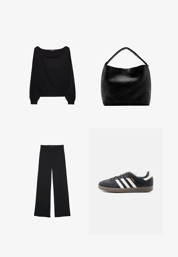 Sort strikket sweater med en bred bådudskæring, lange ærmer og en tætsiddende kant. Stoffet har en blød tekstur og en afslappet pasform.; Sorte bukser med vide ben, bæltestropper, knaplukning foran og lynlås, lagt fladt på en hvid baggrund.; Sort Adidas Samba sneaker med hvide striber, gumisål og guldfarvet "Samba" tekst på siden, vist fra venstre profil på ensfarvet baggrund.; Sort vævet håndtaske med et enkelt flettet håndtag og en bred, blød rektangulær krop mod en hvid baggrund.