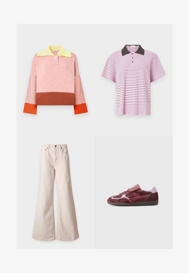 Pull en tricot à manches longues avec col jaune, partie supérieure rose, section médiane marron et poignets orange, avec un bouton rose au col.; Polo rayé avec une base rose et des rayures horizontales noires, un col noir et trois boutons au niveau du col. Manches courtes.; Pantalon beige taille haute à jambes larges avec poches avant, passants pour ceinture et fermeture par bouton, présenté sur fond blanc.; Baskets en daim rouge avec un bout lisse, des panneaux latéraux texturés, des lacets ton sur ton et une sangle Velcro. Comprend une semelle extérieure en caoutchouc noir durable.