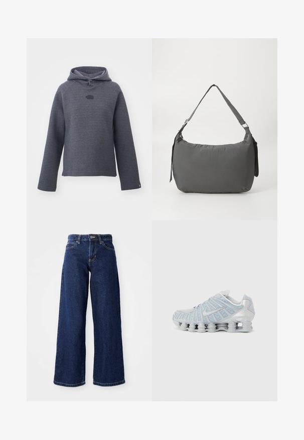 The North Face RELAXED HOODIE - Mikina s kapucňou - black heather; Tmavomodré široké džínsy vyrobené z denimu, s uzáverom na gombík a zips, pútkami na opasok a klasickým dizajnom s piatimi vreckami.; Svetlosivá športová obuv s delenou podrážkou s tlmením a sieťovinovým zvrškom, s logom Swoosh na boku.; Sivý vypolstrovaný ramenný vak s zakriveným tvarom, hladkou textúrou, nastaviteľným popruhom a jemne embosovaným logom vpredu.