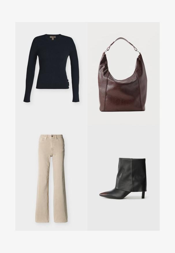 Pull tricoté bleu marine à côtes, manches longues, col rond et silhouette ajustée, avec une petite étiquette sur le côté et une étiquette Marc O’Polo à l’intérieur du col.; Jean beige taille haute avec bouton et fermeture éclair à l'avant, cinq poches, et une jambe légèrement évasée sur un fond uni.; Bottine noire en cuir lisse avec un bout pointu et un talon effilé. La tige présente un design légèrement froncé.; Sac à bandoulière en cuir marron foncé avec une seule sangle réglable, un dessus légèrement incurvé et une fermeture éclair sur un côté.