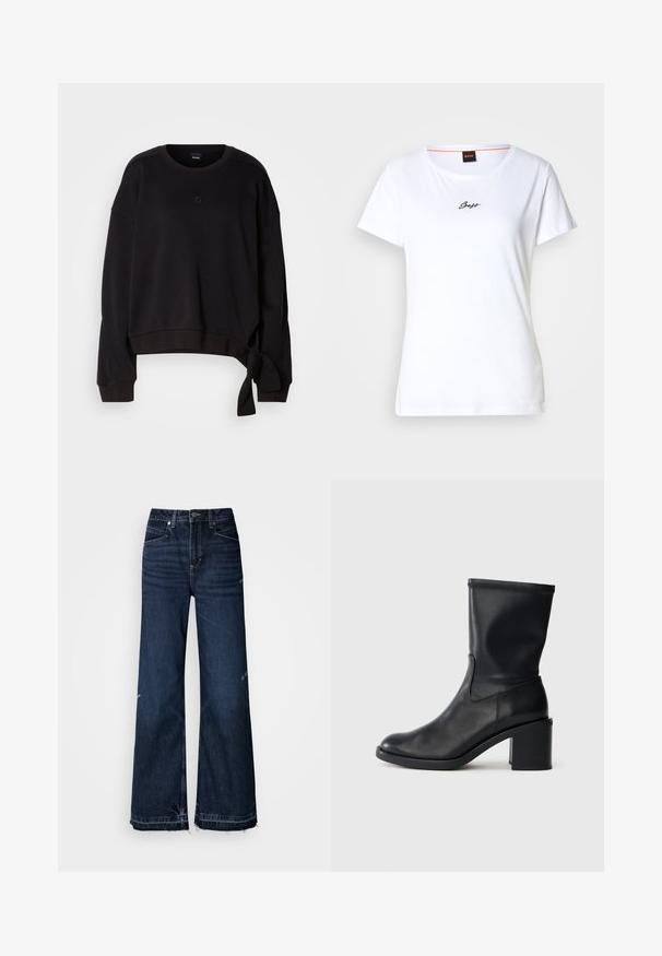Zwarte cropped sweatshirt gemaakt van zachte stof met een ronde halslijn, lange mouwen en een zijstrikdetail voor extra design. Subtiele logo op de borst.; Wit katoenen T-shirt met korte mouwen en een ronde halslijn. Voorzien van een cursief zwart "Boss"-logo op de voorkant. Eenvoudig ontwerp.; Jeans met hoge taille en wijde pijpen, gemaakt van donker denim. De jeans hebben rafelige zoom en een ontwerp met vijf zakken met zichtbare stiksels.; Zwarte leren enkellaars met een ronde neus, een gladde textuur en een chunky hak, met een strak schacht en subtiele stiksels.