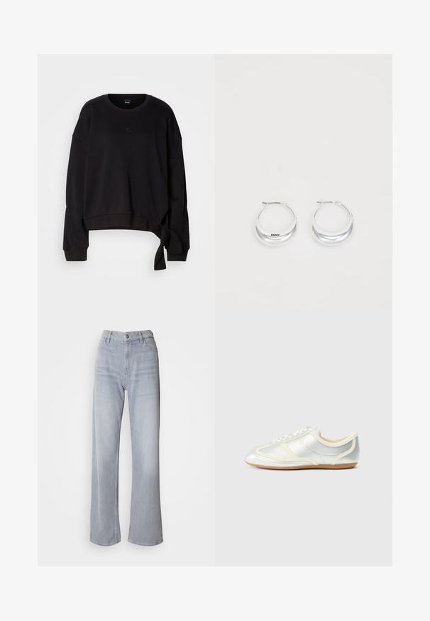 Sweatshirt noir cropped en tissu doux avec un col rond, des manches longues et un détail de nouage sur le côté pour une touche de design. Logo subtil sur la poitrine.; Jean large gris clair à taille haute, en denim. Doté de poches avant, d'une fermeture éclair et d'un léger délavage sur l'ensemble.; Baskets synthétiques argentées avec accents crème, profil bas, bout arrondi et semelle en caoutchouc plate ; dotées de coutures classiques et d'une fermeture à lacets.; Boucles d'oreilles en argent avec une finition polie et un branding DKNY, présentées sur un fond blanc uni.
