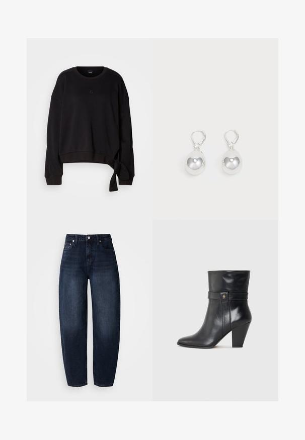 Sort cropped sweatshirt lavet af blødt stof med rund halsudskæring, lange ærmer og en sidesnor detalje for ekstra design. Subtilt logo på brystet.; Mørkeblå denimjeans med løs pasform, med høj talje, lige ben og klassisk fem-lomme design.; Tommy Hilfiger Højhælede støvletter - black; Sølv dråbeøreringe med glatte, runde, reflekterende overflader hængende fra svingelukkede låse. Baggrunden er helt hvid.