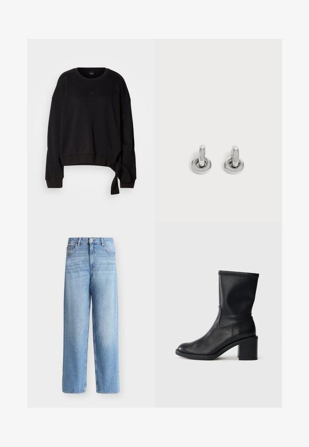 Sort cropped sweatshirt lavet af blødt stof med rund halsudskæring, lange ærmer og en sidesnor detalje for ekstra design. Subtilt logo på brystet.; Lyseblå jeans med høj talje og lige ben, forfra lukket med knapper og lynlås, bæltestropper og forlommer på hvid baggrund.; Sort læder ankelstøvle med rund tå, glat tekstur og en grov hæl, der har et tætsiddende skaft og subtil syning.; Par små, skinnende sølv hoops med rund base, vist på en ensfarvet lys baggrund.
