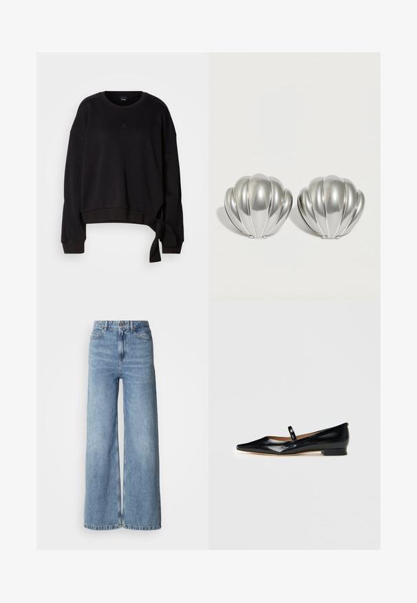 Sort cropped sweatshirt lavet af blødt stof med rund halsudskæring, lange ærmer og en sidesnor detalje for ekstra design. Subtilt logo på brystet.; Lyseblå jeans med vide ben lavet af denim, med høj talje, fem-lomme-design og rå kanter. Glat tekstur med en falmet finish.; Sorte patenterede læder Mary Jane flade sko med spids tå, én rem og lav hæl på ensfarvet baggrund.; To sølvfarvede kompakte spejle formet som muslingeskaller med ribbede detaljer, placeret side om side på en hvid baggrund.