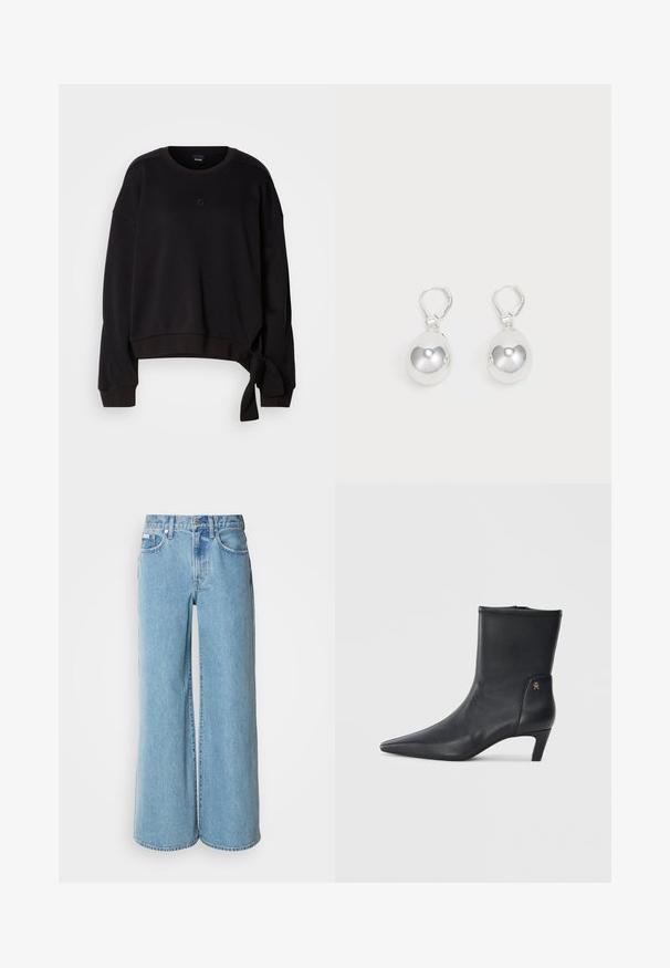 Sweatshirt noir cropped en tissu doux avec un col rond, des manches longues et un détail de nouage sur le côté pour une touche de design. Logo subtil sur la poitrine.; Jean large bleu clair en denim, avec une taille haute, un design à cinq poches et un léger dégradé sur le tissu.; Bottines en cuir noir avec un bout pointu et un petit talon. Présentent une texture lisse et un petit détail en logo doré sur le côté.; Boucles d'oreilles en argent en forme de goutte avec des surfaces lisses, rondes et réfléchissantes, suspendues à des fermoirs à ressort. L'arrière-plan est blanc uni.