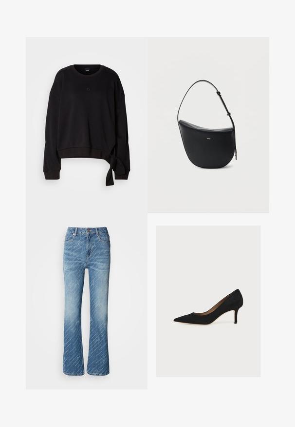Sort cropped sweatshirt lavet af blødt stof med rund halsudskæring, lange ærmer og en sidesnor detalje for ekstra design. Subtilt logo på brystet.; Flares jeans i blå denim med lys vask, diagonalt hvidt tekstmønster, fem-lomme design og metalknap lukning.; Sort ruskindspumpe med spids snude, mellemhøj stiletthæl og tan indersål på en lys baggrund.; Sort halv-måne skuldertaske i læder med justerbar rem og guld "BOSS"-logo centreret foran.