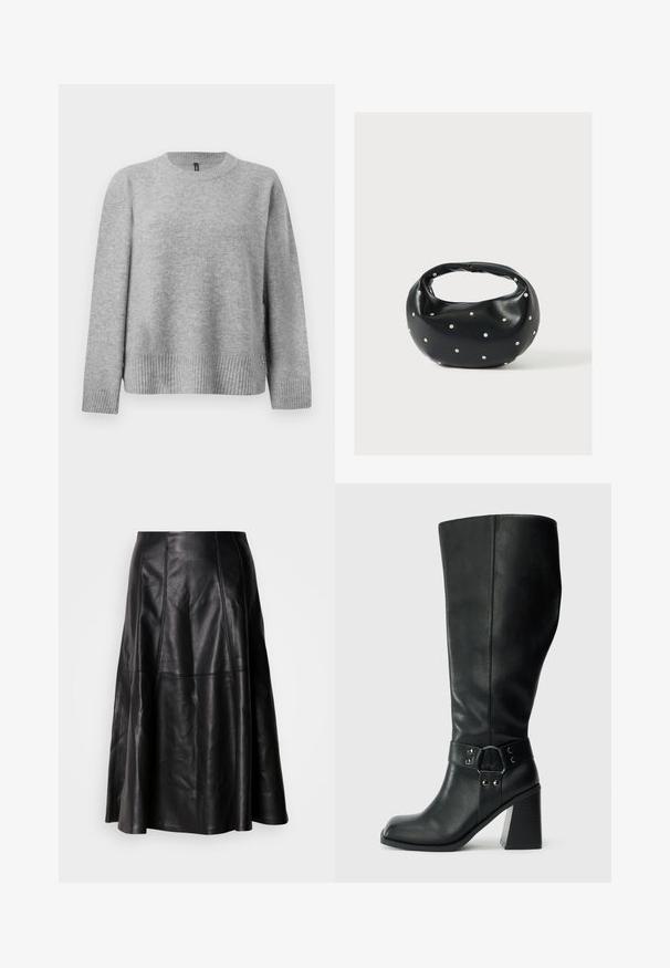 Pull en tricot gris avec un col rond, un ourlet côtelé et des boutons sur les côtés pour une touche de détail. Texture douce et coupe décontractée.; Jupe en cuir noir avec une silhouette évasée, présentant des coutures visibles et une texture lisse. Conception mi-longue avec une coupe classique.; Bottes en cuir noires arrivant au genou, avec un bout carré, un large talon et une sangle décorative avec des accents métalliques autour de la cheville. Texture lisse.; Sac à main en cuir noir de forme arrondie, décoré de clous argentés et équipé d'une poignée courte. Texture lisse et fermeture éclair.