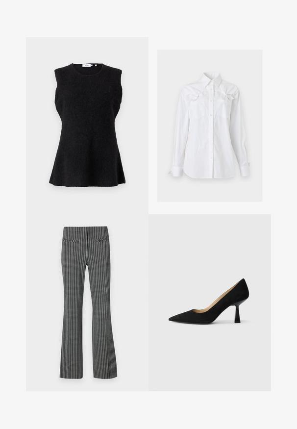 Haut noir sans manches en tissu doux et texturé. Dispose d'un col rond et d'une silhouette évasée, offrant une coupe décontractée.; Chemise blanche à manches longues, boutonnée, avec un col et deux poches poitrine, chacune ornée d'un noeud décoratif près du haut.; Pantalons à carreaux noir et blanc, design évasé, comprenant deux poches arrière et un tissu texturé avec un motif de grille visible.; Pompe à talons hauts en suède noir avec un bout pointu, dotée d'un talon bloc noir brillant et d'une doublure intérieure lisse.