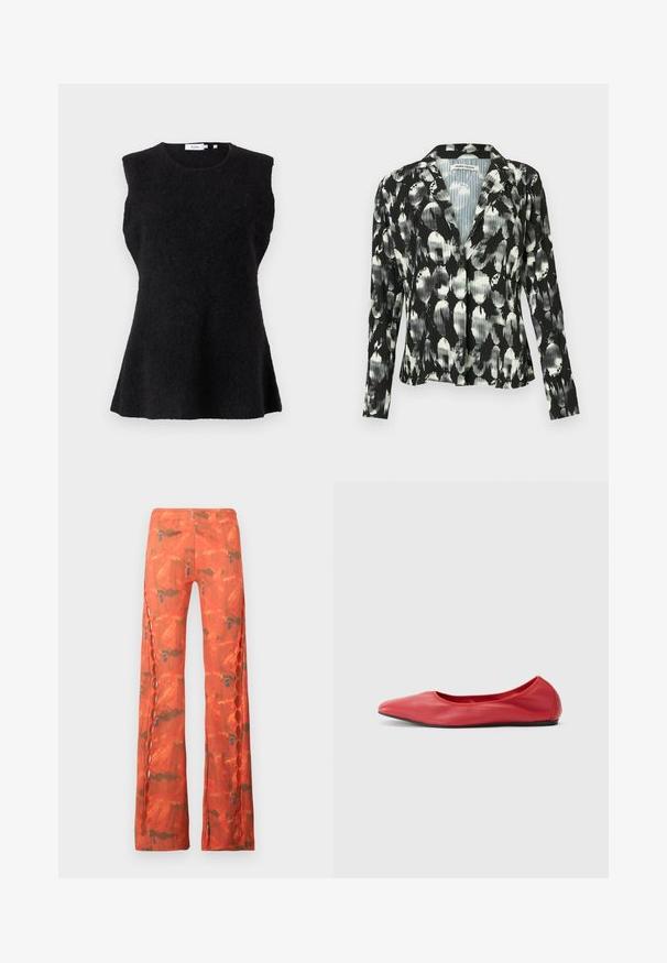 Haut noir sans manches en tissu doux et texturé. Dispose d'un col rond et d'une silhouette évasée, offrant une coupe décontractée.; Blazer plissé noir et blanc avec un motif floral, fermeture à un bouton, col à revers et manches longues. Détail de tissu texturé.; Pantalon à jambes larges de couleur orange vif avec un motif abstrait. Il présente des découpes le long des côtés et des accents décoratifs en métal.; Filippa K REY FLATS - Ballerines - bright red