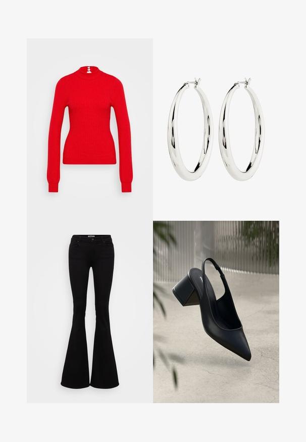 Pull à col roulé rouge côtelé avec des manches longues et une coupe ajustée. Le dos présente trois accents de boutons blancs au niveau du col.; Jean flare noir en denim extensible, avec une taille ajustée, des poches avant et arrière, et un bouton de fermeture à la taille.; Escarpin noir en cuir avec un bout pointu et un talon bloc. Texture lisse, design minimaliste et bride de cheville réglable.; Boucles d'oreilles en argent en forme de halo, avec une surface lisse et réfléchissante. Forme ronde et large avec un fermoir sécurisé en haut. Fini poli mettant en valeur l'éclat.