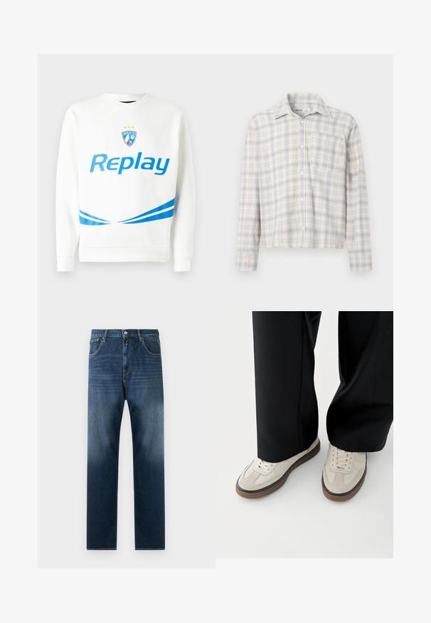 Valge pusaku featuring sinine "Replay" logo, meeskonna embleem tähtedega ning sinised diagonaalsed triibud vöökoha ja varrukate juures. Pehme tekstuur.; Pikad varrukad, ruuduline särk heledas beežis ja sinistes toonides. Omab nuppe ees, krae ja ühte rinna taskut. Pehme tekstuur.; Tumedat sinised teksad sirge jala disainiga. Omab eespool taskuid, tõmbluku sulgemist ja diskreetset pleekimist ukseserva suunas.; Jalad, mis kannavad beeži värvi tossusid pruunide talladega ja mustasid laiade säärega pükse valgel taustal.