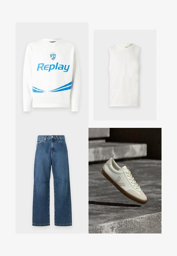 Valge pusaku featuring sinine "Replay" logo, meeskonna embleem tähtedega ning sinised diagonaalsed triibud vöökoha ja varrukate juures. Pehme tekstuur.; Valge varrukateta ümara kaelusega tank top, millel on väike GAP logo sisemisel tagumise krae alal, laotatud heledale taustale.; Sinised teksapüksid, millel on mugav lõige, sirged sääred, nähtavad õmblused ja ees nupuga sulgemine. Omab küljetaskut, millel on aktsent.; Valged nahast tennised pruunika kummist tallaga, lamedate paeltega ja V-kujulise aktsendiga küljel. Omaduseks on sile pind ja minimaalsed õmblused.