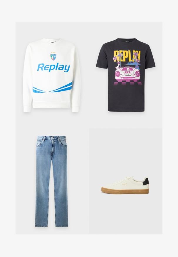 Valge pusaku featuring sinine "Replay" logo, meeskonna embleem tähtedega ning sinised diagonaalsed triibud vöökoha ja varrukate juures. Pehme tekstuur.; Must t-särk kollase kirjaga "REPLAY" üleval roosa ja valge võidusõiduauto numbriga 81, palmipuud ja ruuduline lipu muster.; Heledad sinine teksariie sirge lõikega, millel on taskud, kuprakatted ja nööbiga sulgemine. Omab pleekinud disaini ja puhtaid ääriseid.; Valge kanva sneaker, millel on kummi tald, musta kanna aktsent, ümmargune nina ja nööriga disain. Külgedel on brändi logo kuldsetes varjundites.