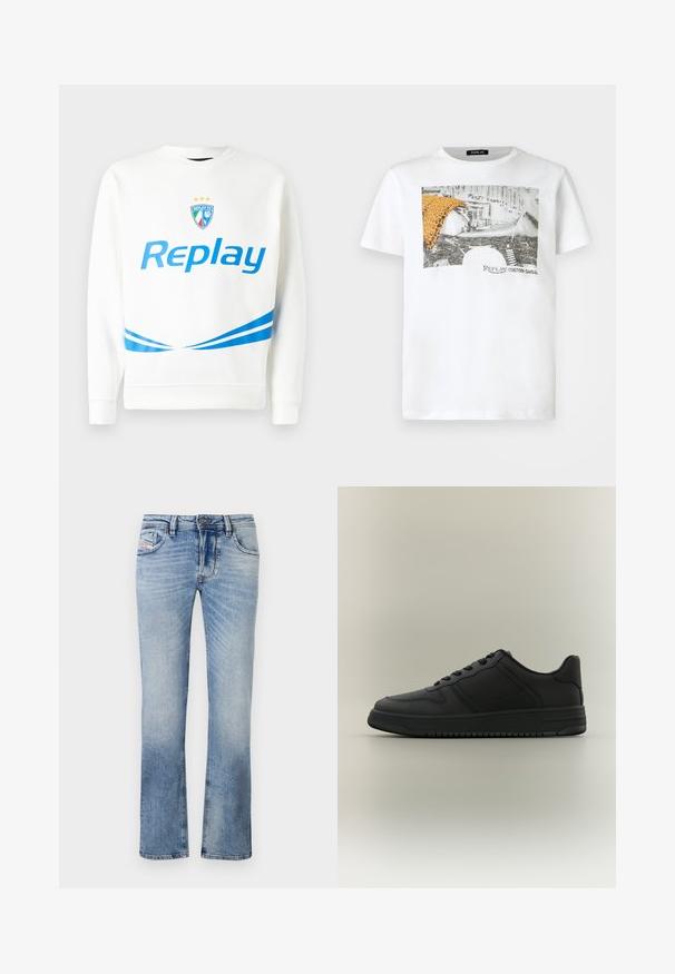 Valge pusaku featuring sinine "Replay" logo, meeskonna embleem tähtedega ning sinised diagonaalsed triibud vöökoha ja varrukate juures. Pehme tekstuur.; Valge lühikeste varrukatega T-särk, millel on must-valge mootorratta graafika, oranž leopardimustriline kangas ja ees "Replay Custom Garage" tekst.; Heledad sinised teksad otse säärekujundusega, mis sisaldavad esipunkte, lukuga pealset ja kerget pleekimist kogu kanga ulatuses.; Mustad madala lõikega toss, millel on tekstureeritud paneelid, paelakinnitus ja paks tald neutraalse halli tausta ees.