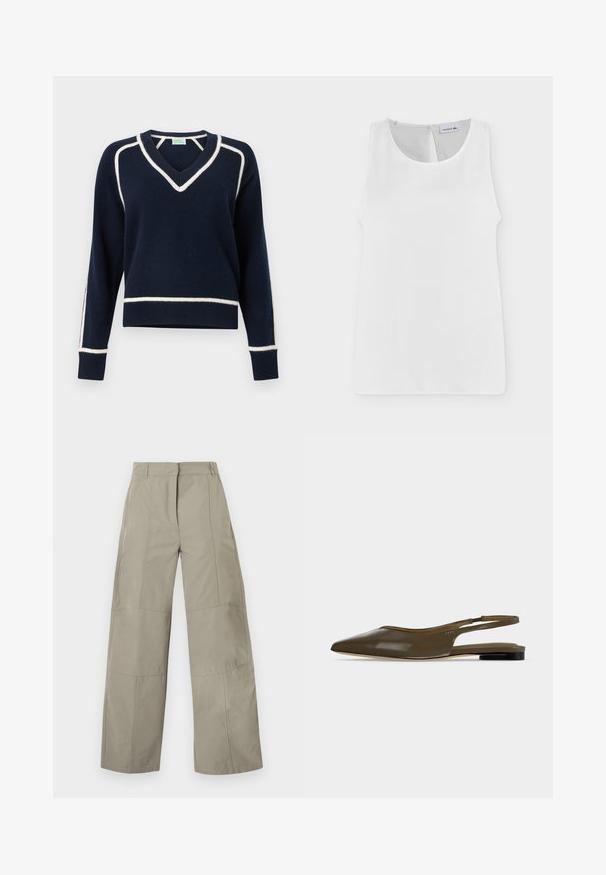 Pull bleu marine en texture tricotée avec un col en V, un passepoil blanc le long des épaules et des manches, et des poignets et ourlet côtelés.; Blouse blanche sans manches avec col rond et petite ouverture en forme de goutte dans le dos, présentée à plat sur fond blanc.; Pantalon beige à jambes larges avec taille haute, passants pour ceinture, détails de coutures frontales et fermeture avant cachée.; Chaussure plate à bout pointu vert olive avec bride arrière, talon noir bas et finition lisse et brillante.