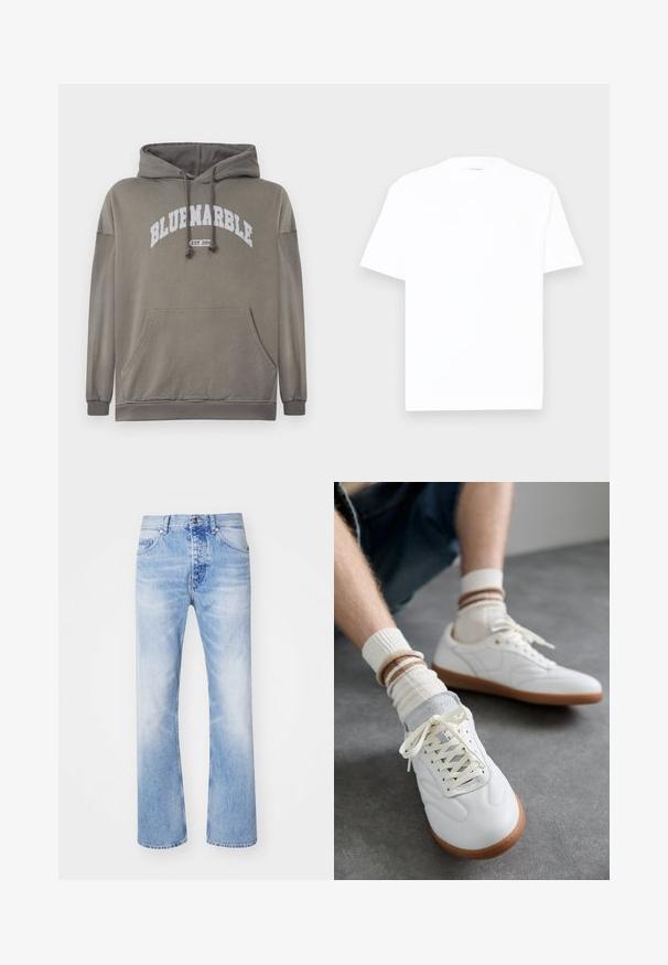 Olivgrüner Kapuzenpullover mit einer Vordertasche, Kordelzugkapuze und weißem "BLUEMARBLE EST. 2015" Aufdruck. Mit gerippten Bündchen und Saum.; Weißes Baumwoll-T-Shirt mit Rundhalsausschnitt, kurzen Ärmeln und lässiger Passform. Glatte Textur, minimale Details und ohne Muster oder Grafiken.; Hellblaue Denim-Jeans mit geradem Bein, im klassischen Fünf-Taschen-Design und einem dezenten Ausbleichmuster.; Weiße Ledersneaker mit glatter Textur, grauen Wildlederelementen, beigen Gummisohlen und flachen Schnürsenkeln. Kombiniert mit cremefarbenen und braun gestreiften Socken.