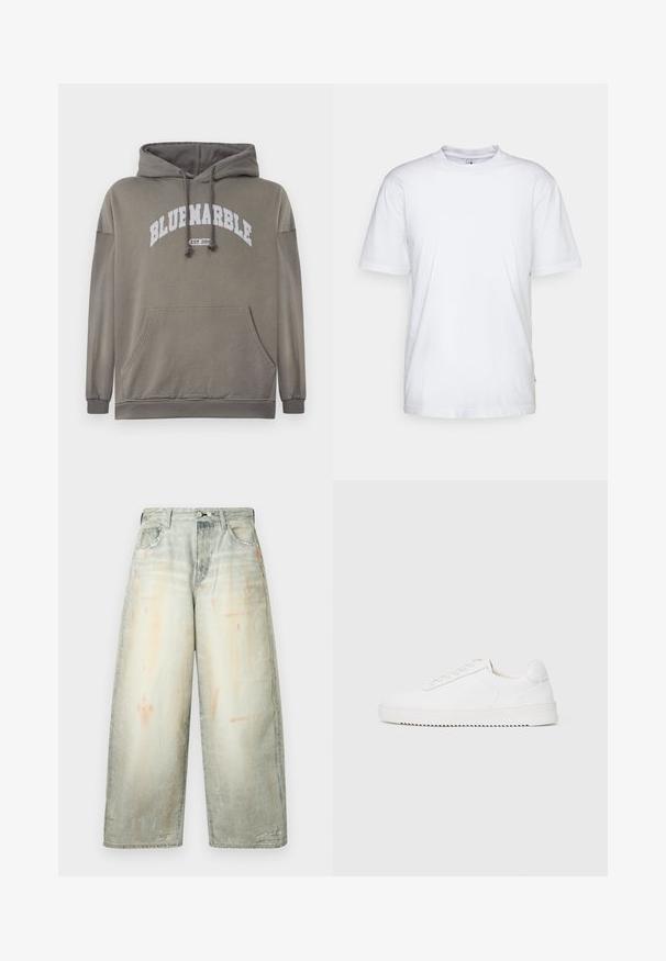 Olijfgroen hoodie met een voorzak, een capuchon met trekkoord, en een witte graphic "BLUEMARBLE EST. 2015". Beschikt over ribgebreide manchetten en zoom.; Witte katoenen t-shirt met een ronde hals, korte mouwen en een rechte zoom. Heeft een klein merktag aan de linkerkant van de zijnaad.; Wijd uitlopende vervaagde grijze denim jeans met hoge taille, knoopsluiting aan de voorkant, zakken en subtiele distressed details.; Witte sneaker met een gladleren bovenkant, ronde neus, veters, gestructureerde zijaccenten en een dikke rubberen zool. Minimalistisch ontwerp.