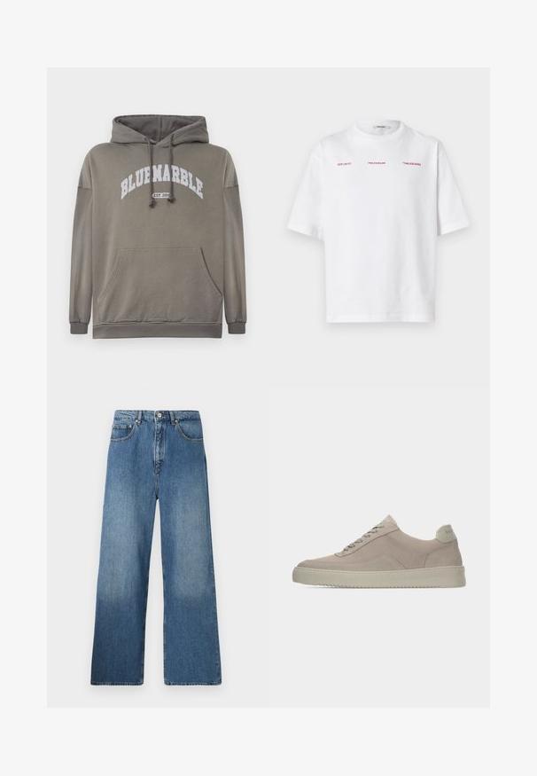 Sudadera de color verde oliva con un bolsillo frontal, capucha con cordón y gráfico blanco "BLUEMARBLE EST. 2015". Incluye puños y dobladillo acanalados.; Camiseta blanca de manga corta con texto rojo "HZW (26-27)", "HOLZWEILER" y "'TABLESCAPES'" en el pecho, justo debajo del escote.; Jeans de denim azul de pernera ancha con un diseño clásico de cinco bolsillos, cierre frontal con botón y un ligero desgastado para dar textura.; Zapatillas deportivas de ante beige con acabado texturizado, puntera redondeada y cordones tono sobre tono. Cuenta con una suela de goma gruesa y una sutil marca en el talón.