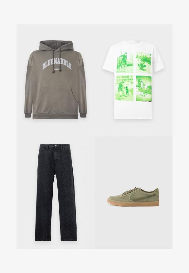 Olivgrüner Kapuzenpullover mit einer Vordertasche, Kordelzugkapuze und weißem "BLUEMARBLE EST. 2015" Aufdruck. Mit gerippten Bündchen und Saum.; Weißes T-Shirt mit vier grünlich gefärbten Fotos, die Menschen beim Skateboarden und Spazierengehen im Freien in städtischen Umgebungen zeigen.; Schwarze Jeans mit geradem Bein und dezentem dunklem Tierdruckmuster, Knopf- und Reißverschluss sowie Fronttaschen, auf weißem Hintergrund dargestellt.; Grüner Wildledersneaker mit einer Sohle aus Gummi, runder Zehenform und Schnürdesign. Mit dem charakteristischen Logo von Nike in einem dunkleren Grünton.