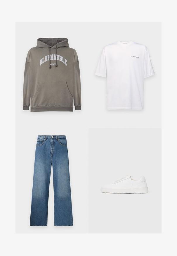 Olijfgroen hoodie met een voorzak, een capuchon met trekkoord, en een witte graphic "BLUEMARBLE EST. 2015". Beschikt over ribgebreide manchetten en zoom.; Witte katoenen T-shirt met korte mouwen en een V-hals, voorzien van een zwart "FILLING PIECES" logo dat aan de linkerkant is gedrukt.; Lange blauwe denim jeans met een klassiek vijf-pocket ontwerp, voor sluiting met een knoop en een lichte vervaging voor textuur.; Witte sneaker met een gladleren bovenkant, ronde neus, veters, gestructureerde zijaccenten en een dikke rubberen zool. Minimalistisch ontwerp.
