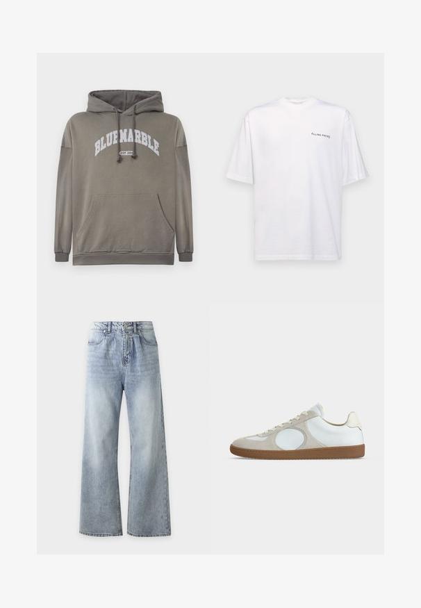 Olivgrüner Kapuzenpullover mit einer Vordertasche, Kordelzugkapuze und weißem "BLUEMARBLE EST. 2015" Aufdruck. Mit gerippten Bündchen und Saum.; Weißes kurzärmliges T-Shirt aus Baumwolle mit V-Ausschnitt, mit einem schwarzen "FILLING PIECES" Logo, das auf der linken Seite gedruckt ist.; Hellblaue Jeans mit hoher Taille und weitem Bein, Fronttaschen, Knopfverschluss und ausgewaschenem Effekt an Oberschenkeln und Knien.; Niedrig profilierter Freizeit-Sneaker mit weißem Leder-Obermaterial, hellbeigen Wildleder-Akzenten, runder Spitze, weißen Schnürsenkeln und Gummisohle.