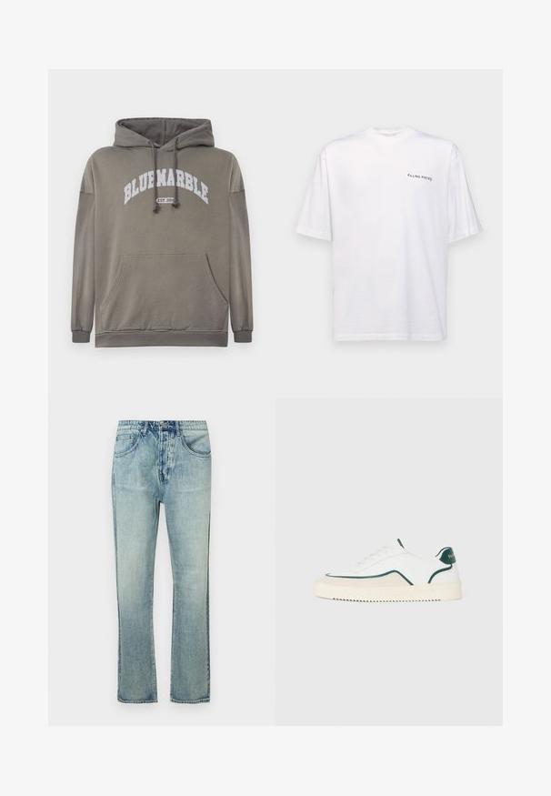 Sudadera de color verde oliva con un bolsillo frontal, capucha con cordón y gráfico blanco "BLUEMARBLE EST. 2015". Incluye puños y dobladillo acanalados.; Camiseta blanca de manga corta en algodón con cuello en V, que presenta un logo negro de "FILLING PIECES" impreso en el lado izquierdo.; Jeans de mezclilla azul claro con diseño de pierna recta, acabado desgastado, bolsillos frontales y pretina con trabillas para cinturón.; Zapatilla baja blanca con detalles en verde, gamuza beige y suela de color crema con un fondo estriado.