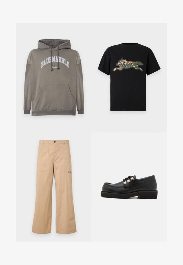 Olijfgroen hoodie met een voorzak, een capuchon met trekkoord, en een witte graphic "BLUEMARBLE EST. 2015". Beschikt over ribgebreide manchetten en zoom.; Icecream CAMO RUNNING DOG WOODLAND - T-shirt print - black; Beige katoenen cargo broek met een wijde pijp, voorpockets en een logo op de achterzak. Lichtgewicht stof met een gladde textuur.; Zwarte leren instappers met een ronde neus, voorzien van drie metalen accenten en een gestructurezool voor grip. Gladde bovenkant en gestikte details.