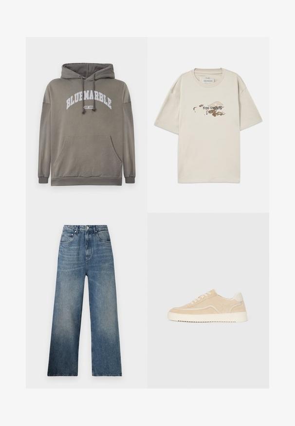 Sudadera de color verde oliva con un bolsillo frontal, capucha con cordón y gráfico blanco "BLUEMARBLE EST. 2015". Incluye puños y dobladillo acanalados.; Camiseta de manga corta beige hecha de algodón, con un diseño gráfico que presenta nubes y un ojo, etiquetada como "FENG CHEN WANG" en texto estilizado.; Jeans de mezclilla azul de pierna ancha con cintura alta, que presentan un desgaste sutil, cinco bolsillos y un cierre de botón metálico en la parte delantera.; Zapatillas de ante beige con suela y cordones blancos, diseño bajo y patrón de tracción en zigzag en la suela.