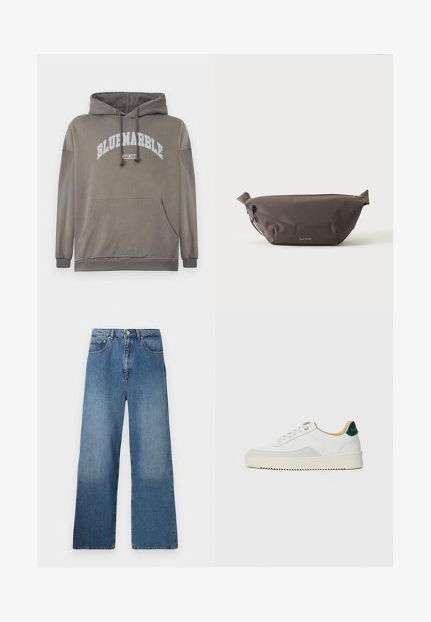 Sudadera de color verde oliva con un bolsillo frontal, capucha con cordón y gráfico blanco "BLUEMARBLE EST. 2015". Incluye puños y dobladillo acanalados.; Jeans de denim azul de pernera ancha con un diseño clásico de cinco bolsillos, cierre frontal con botón y un ligero desgastado para dar textura.; Zapatilla blanca con acentos de ante, puntera redondeada, cordones planos y suela de goma color crema. Presenta un logo verde en el talón.; Riñonera de tela marrón oscuro con bolsillo diagonal con cremallera y pequeño logo blanco en el frontal, sobre un fondo liso y claro.