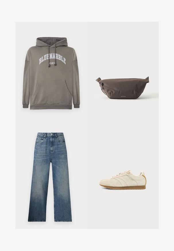 Olijfgroen hoodie met een voorzak, een capuchon met trekkoord, en een witte graphic "BLUEMARBLE EST. 2015". Beschikt over ribgebreide manchetten en zoom.; Blauwe denim wijdgerande jeans met een hoge taille, voorzien van subtiele vervaging, vijf zakken en een metalen knoopsluiting aan de voorkant.; Beige suède sneaker met rubberen zool, vetersluiting aan de voorkant en subtiele stikseldetails op een effen lichtgrijze achtergrond.; Donkerbruine stoffen heuptas met diagonale ritssluiting en klein wit logo aan de voorkant, tegen een effen lichte achtergrond.