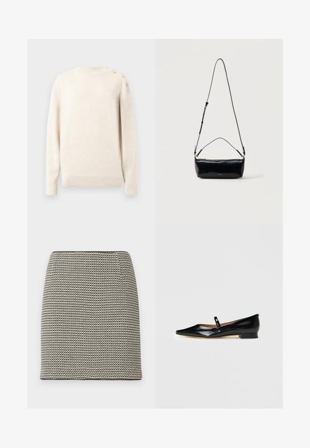 Pull en maille couleur crème avec manches longues, poignets et ourlet côtelés, et boutons décoratifs en forme d'étoile sur l'épaule gauche.; Mini-jupe droite à motif pied-de-poule noir et blanc, taille haute, sans ornements ni poches visibles.; Chaussure plate Mary Jane en cuir verni noir, à bout pointu, avec une seule sangle et un petit talon sur fond uni.; Sac bandoulière rectangulaire en cuir noir avec bandoulière ajustable, fermeture éclair sur le dessus et petit logo Calvin Klein doré sur le devant.