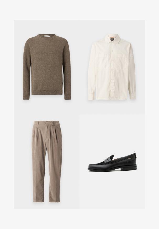 Brauner strukturierter Pullover mit langen Ärmeln, Rundhalsausschnitt und gerippten Bündchen und Saum.; Beige Langarmshirt aus leichtem Stoff, mit durchgängigem Knopfverschluss, zwei Brusttaschen und einem Markenetikett am Ärmel.; Beige Corduroyhosen mit entspannter Passform, mit Falten, Knopfverschluss und seitlichen Taschen, strukturierten Oberflächen und schmal zulaufendem Bein.; Schwarzer Lederloafer mit grauem Riemendetail, niedrigem Absatz und strukturierter Sohle, seitlich mit „HUGO“ in Gold gebrandmarkt.