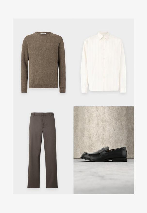 Suéter de punto texturizado en marrón, de manga larga, con cuello redondo y puños y dobladillo acanalados.; Camisa blanca de manga larga con botones, con sutiles rayas verticales y cuello punta, dispuesta plana sobre un fondo claro.; Pantalones de algodón marrón con diseño de pierna recta, con trabillas para cinturón y textura suave. Sin patrones visibles ni detalles de herrajes.; Mocasín de cuero negro con una placa metálica de marca apoyado cerca de una mesa redonda marrón sobre un suelo alfombrado beige.