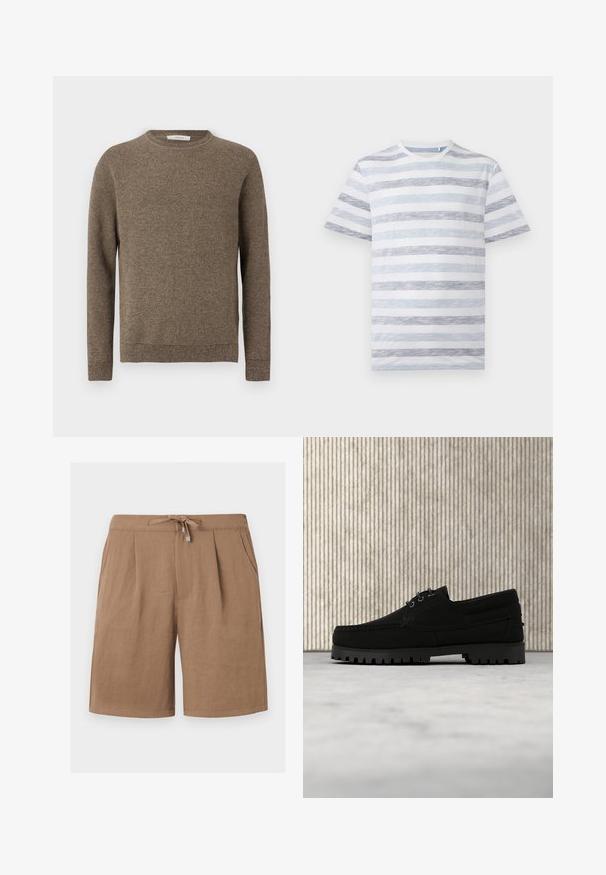 Pull en tricot marron texturé à manches longues avec col rond et poignets et ourlet côtelés.; T-shirt à manches courtes avec col rond et rayures horizontales texturées bleu clair et gris sur fond blanc.; Shorts décontractés pour hommes de couleur marron clair avec taille à cordon et poches latérales, fabriqués en tissu léger, présentés sur un fond uni.; Chaussure noire à lacets avec semelle épaisse à nervures flottant au-dessus d'un tapis beige, table ronde moderne marron en arrière-plan dans une pièce à éclairage doux.