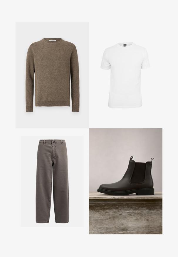 Pull en tricot marron texturé à manches longues avec col rond et poignets et ourlet côtelés.; T-shirt blanche à manches courtes, en coton, avec un col rond et une texture lisse, conçue pour un usage décontracté.; Pantalons larges gris en mélange de coton ; avec fermeture à bouton, passants de ceinture et poches avant ; texture lisse et durable.; Bottines Chelsea en cuir noir avec des panneaux élastiques sur les côtés et des languettes, flottant au-dessus d'un banc en bois en extérieur avec un fond d'herbe.