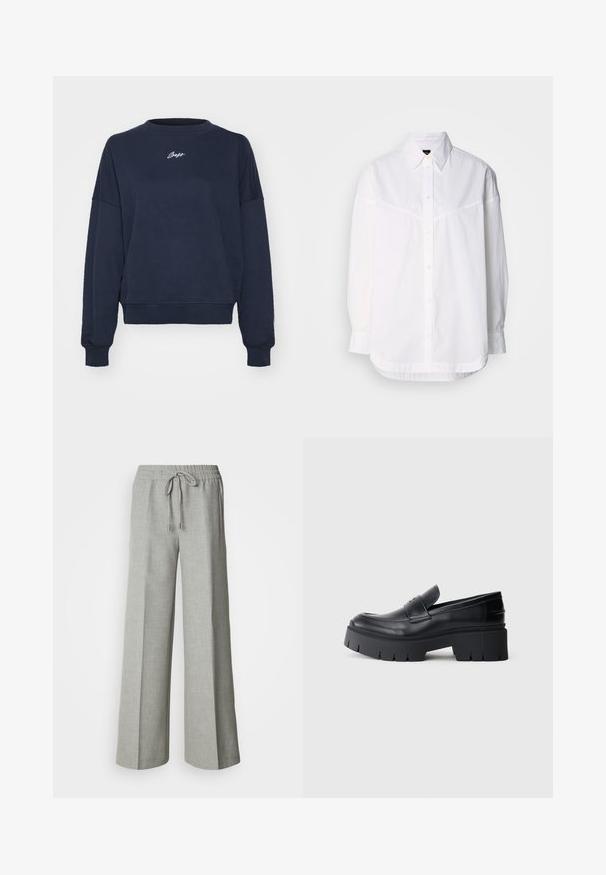 Marineblå sweatshirt lavet af blødt bomuld, med rund hals, sænkede skuldre og broderet logo på brystet. Casual pasform, ribbede manchetter.; Hvid langærmet skjorte lavet af bomuld, med en knap-ned krave, frontknapper og en afslappet pasform med subtile syninger.; Lysegrå bukser med brede ben, elastisk taljebånd med snøre, forlommer og et subtilt tekstureret stof.; Sort klodset platform loafers med glat læderoverdel, dekorativ rem og tyk struktureret sål på hvid baggrund.