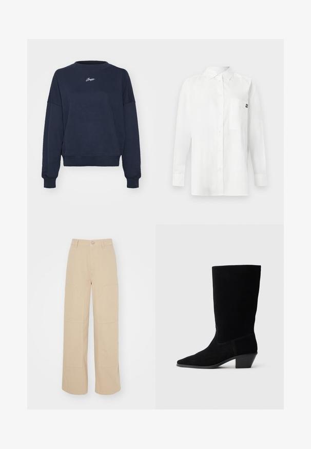 Marineblå sweatshirt lavet af blødt bomuld, med rund hals, sænkede skuldre og broderet logo på brystet. Casual pasform, ribbede manchetter.; Hvid langærmet skjorte lavet af bomuldsblandingsstof, med en button-down krave, brystlomme og et lille sort logo på brystet.; Beige brede bukser lavet af bomuld. Har to store frontlommer og en metalknaplukning i taljen. Glat tekstur.; Sort ruskind ankelstøvle med spidse tæer, mellemhøj skaft og en chunky hæl. Fuldender et minimalistisk design med lidt syninger og en glat tekstur.