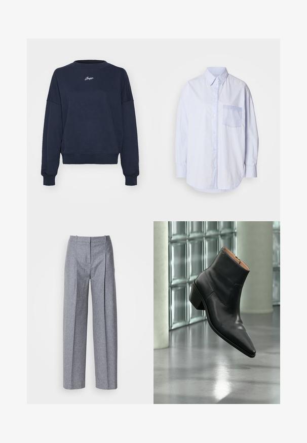 Marineblå sweatshirt lavet af blødt bomuld, med rund hals, sænkede skuldre og broderet logo på brystet. Casual pasform, ribbede manchetter.; Lyseblå skjorte med knapper, lange ærmer, klassisk krave og en venstre brystlomme med en lysere blå detaljeret stof.; Lys grå bredbenede bukser i et struktureret stof, med plisseringer foran og en skræddersyet talje. Minimalistisk design, ingen synlig hardware.; Sort læderankelstøvle med spids tå og blokhæl, der svæver over en reflekterende grå gulv nær en væg af glasblokke.
