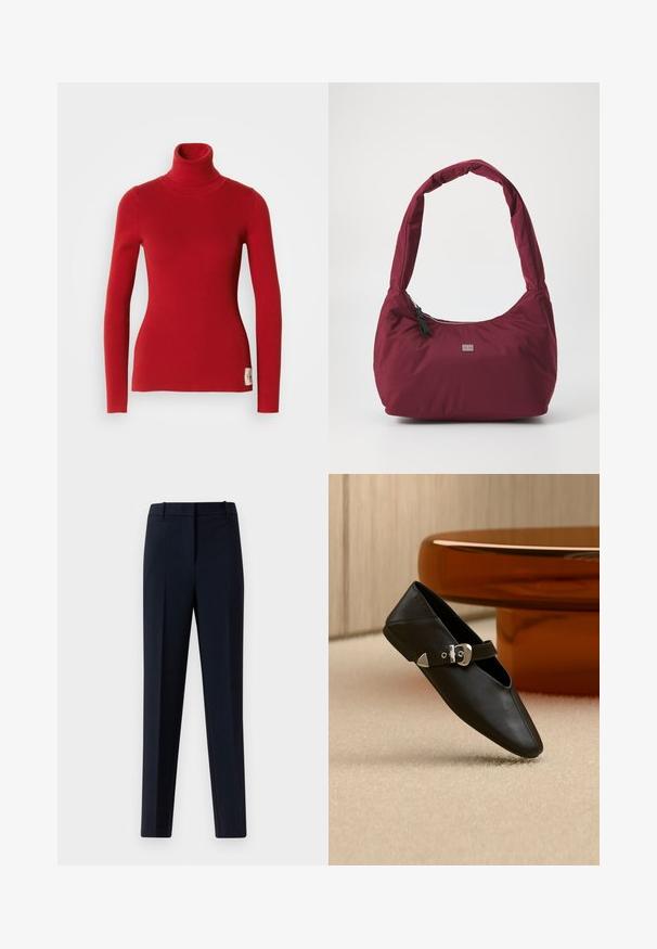Pull en maille côtelée rouge avec un col roulé, à manches longues et une silhouette ajustée, présentant une petite étiquette de logo sur le côté inférieur et une texture lisse.; Pantalons de costume bleu marine bien ajustés avec pli devant, passants de ceinture et fermeture frontale dissimulée sur un fond clair.; Chaussure plate en cuir noir avec bout pointu et bride à boucle argentée, posée sur un tapis beige devant une table ronde de couleur ambre.; Sac à épaule bordeaux en tissu doux, avec une bandoulière courbée et rembourrée, et une fermeture éclair avec une petite étiquette de marque sur le devant.