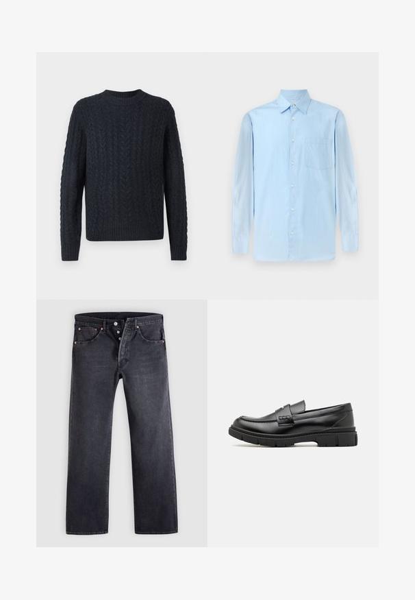 Dunkelblauer Strickpullover mit strukturiertem Zopfstrickmuster, rundem Ausschnitt sowie geripptem Saum und Bündchen. Weicher Stoff, lange Ärmel.; Helleblaues Langarmshirt mit Button-Down-Kragen und einer einzelnen Brusttasche, vor einem neutralen Hintergrund präsentiert.; Schwarze Jeans aus Denim mit geradem Schnitt, Fünf-Taschen-Design und kupferfarbenen Knopfakzenten. Glatte Textur mit leicht verblasstem Finish.; Schwarze Lederloafer mit einem breiten Riemen über dem Rist, Gummisohle mit dicken Profilen und glatter Textur. Klassisches, schlankes Design.
