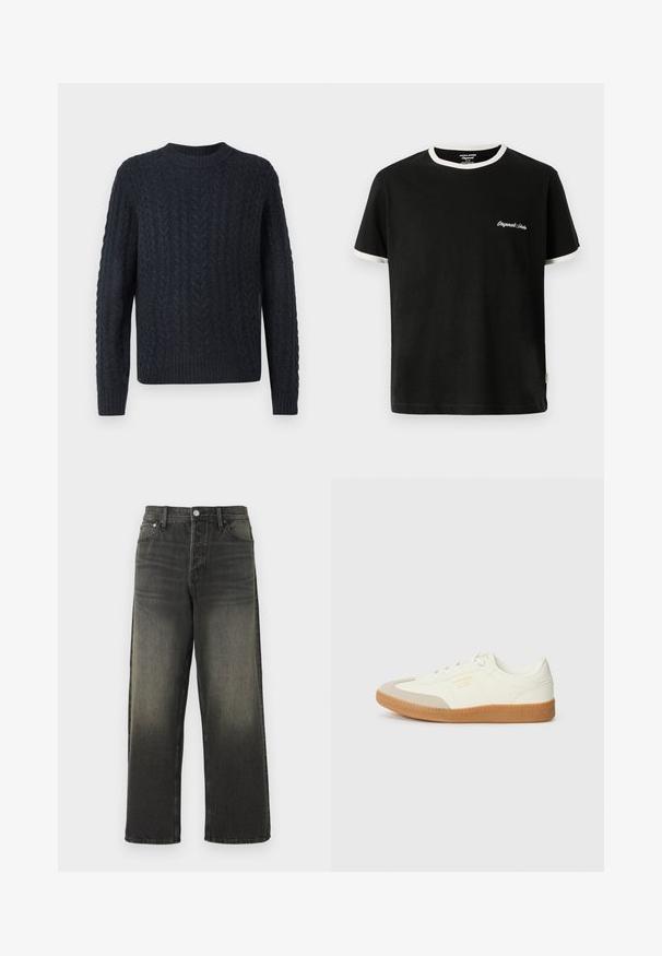 Donkerblauwe gebreide trui met een gestructureerd kabelpatroon, ronde halslijn en geribbelde zoom en manchetten. Zachte stof, lange mouwen.; Jack & Jones T- - T-shirt basic - black; Zwarte denim jeans met een relaxte pasvorm, met een hoge taille, zilveren details en een vervaagde textuur met subtiele plooien. Rechte pijpen zonder versieringen.; Schoen gemaakt van wit leer met een beige teenkap en een lichtbruine rubberen zool. Voorzien van platte witte veters en reliëfbranding aan de zijkant.
