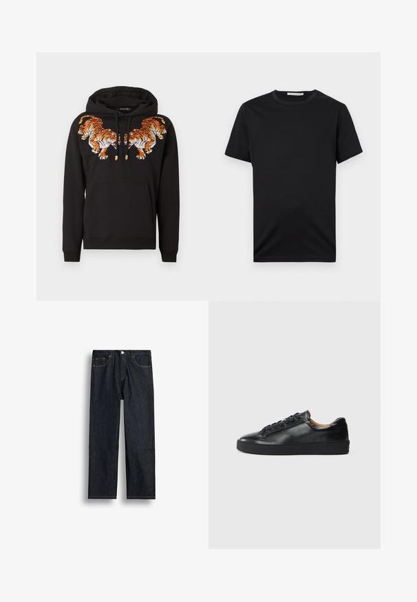 Sweat à capuche noir avec deux tigres orange brodés se faisant face sur la poitrine et une poche kangourou à l'avant.; T-shirt noir à manches courtes avec col rond, design uni, étiquette « Tiger of Sweden » à l'intérieur du col.; Jean droit en denim bleu foncé avec bouton devant, fermeture éclair et design à cinq poches sur fond blanc.; Baskets en cuir noir avec une texture lisse, bout rond et fermeture à lacets. Comprend une semelle en caoutchouc épaisse et un minimum de détails de marque.