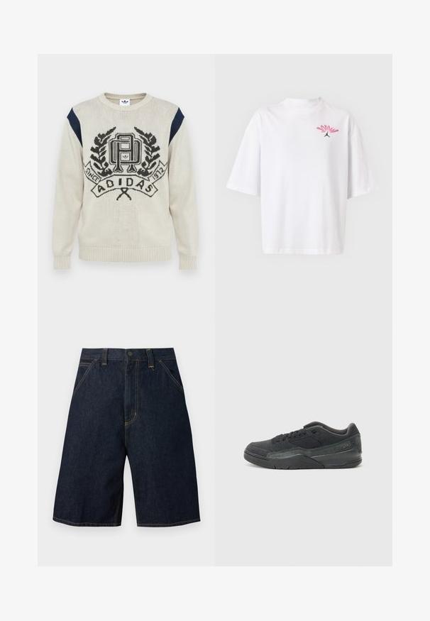 Crème kleurige gebreide trui met marineblauwe accenten. Heeft een opvallend zwart logo en een decoratief lauwerkranspatroon. Geribde manchetten en onderkant.; Wit T-shirt met korte mouwen met een klein roze en rood "JORDAN"-logo en een zwarte Jumpman-silhouet op de linkerborst.; Donkerblauwe denimshorts met voorzakken, riemlussen en een knoopsluiting in de taille.; Zwarte suède sneakers met een gestructureerd meshpaneel, rubberen buitenzool, gevoerd kraag en tonale stiksels, ontworpen voor comfort en ondersteuning.